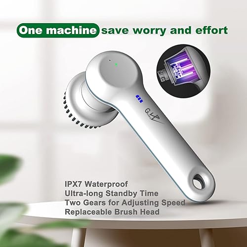 Miniatura 7 de Cepillo de limpieza de carga portátil automático inalámbrico de 360 grados, 4 cabezales de cepillo reemplazables para baño, cocina, bañera, piso,