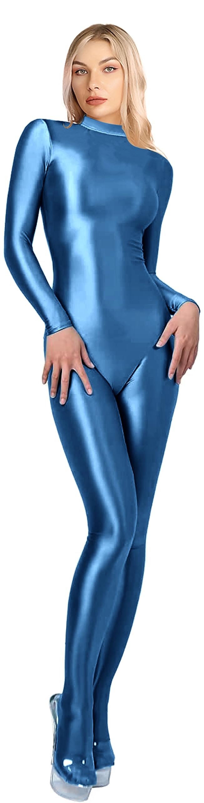 200D Opaque Glossy One-Piece Swimsuit High Stretch Shiny Full Bodysuit Back Zipper Unitard