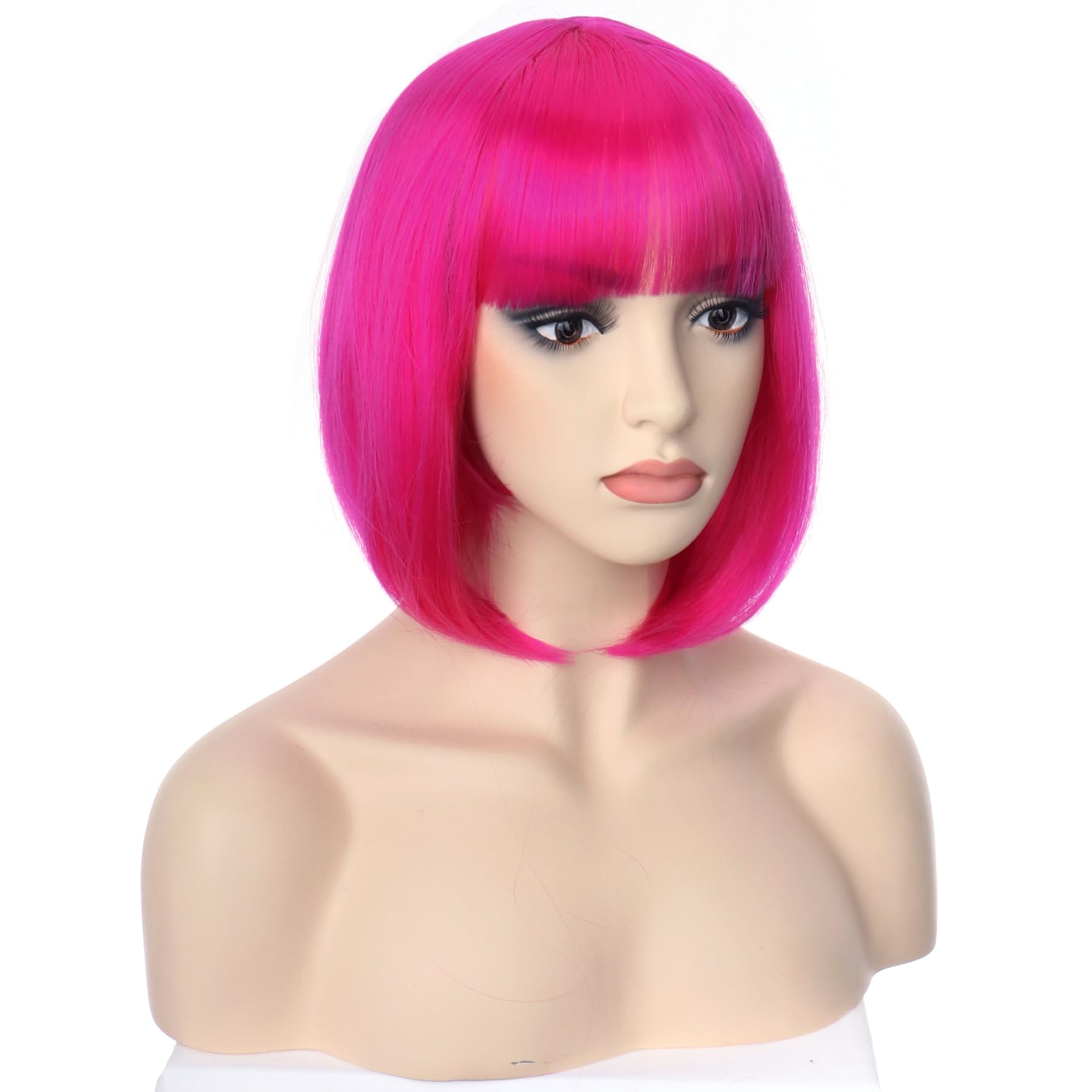 PORSMEER Short Hot Pink Bob Wigs with Fringe For Unisex Womens Girls Natural Synthetic Hair Colorful Costume Cosplay Wig for Anime Halloween Fancy Dress Party+Wig Cap - Image 3