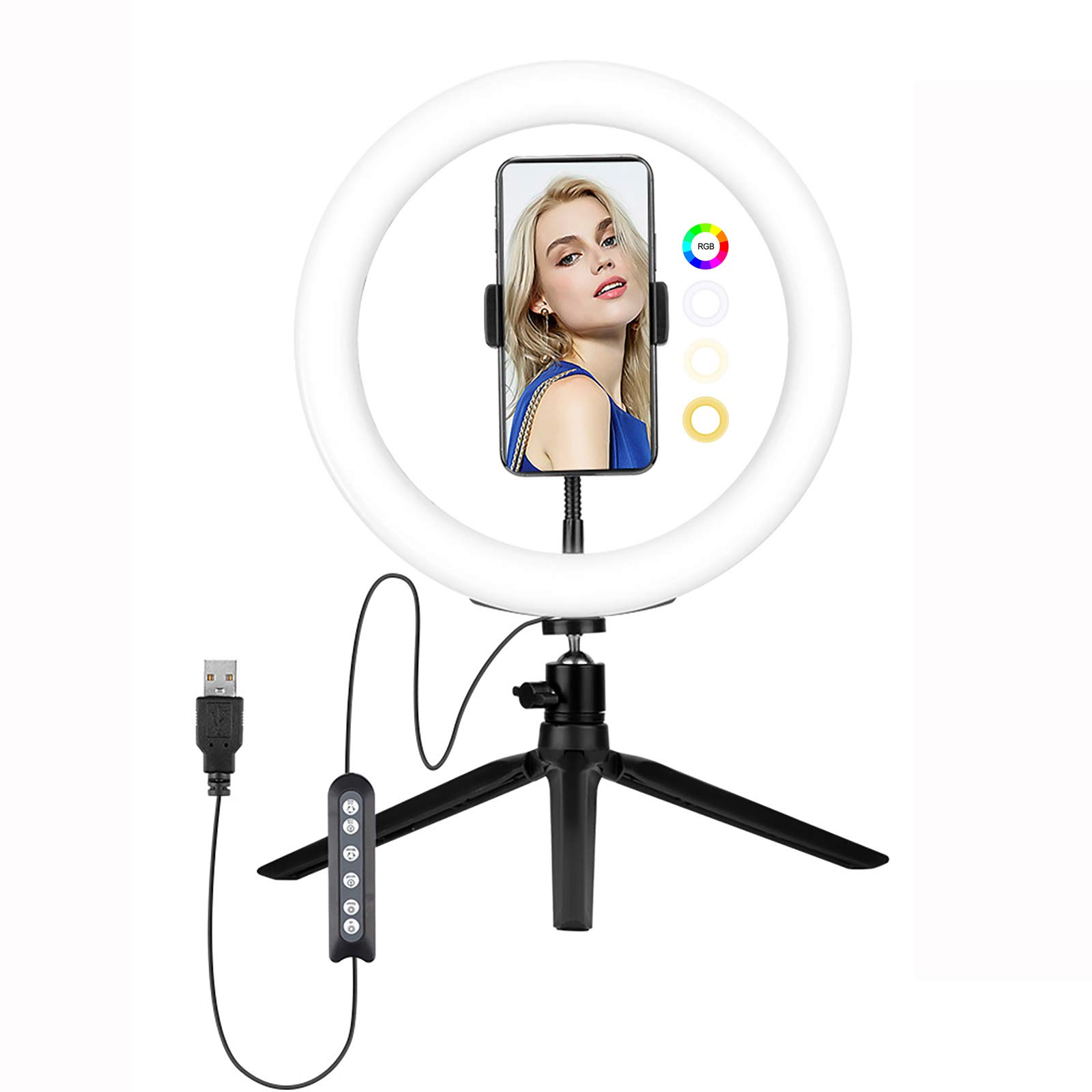 Luce ad Anello, Luce ad Anello a LED da 10 Pollici con 10 Colori RGB dimmerabili e 10 Livelli di luminosità, con Supporto per treppiede per Trucco Live Streaming Video Photography
