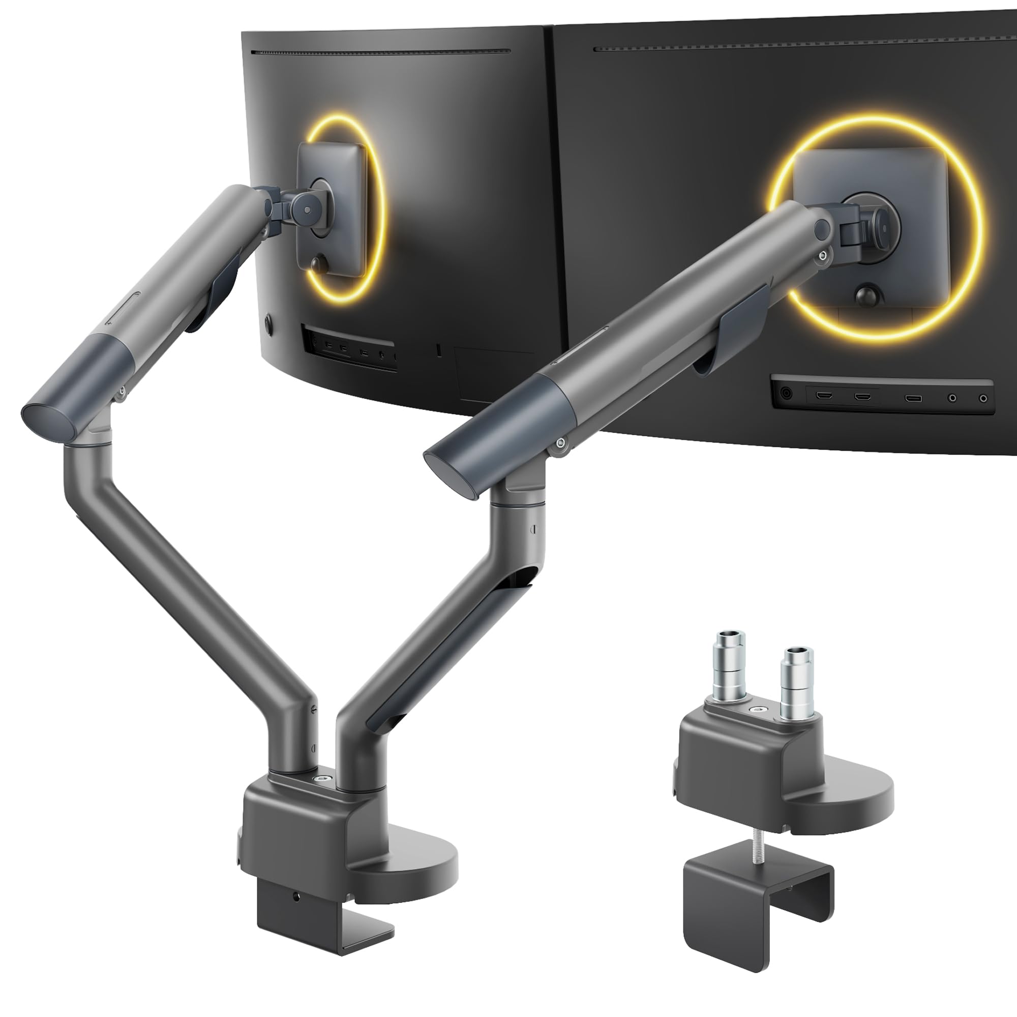 monTEK Monitor Halterung 2 Monitore für 17-35 Zoll Bildschirm, Dunkelgrau | Tragfähigkeit 11KG, Stabil, Höhenverstellbare Gasdruckfeder Monitor Arm mit Klemmschelle/ Tischdurchführung, VESA 75/100mm
