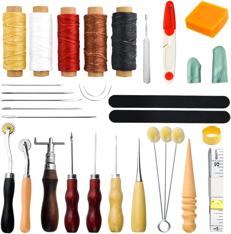 25Pcs Leather Craft Hand Tool Kit Hand Stitching Sewing Tool Handy Stitching Needle Waxed Tread Awl Groover Kit for DIY Leather Stitching Craftwork Accessory