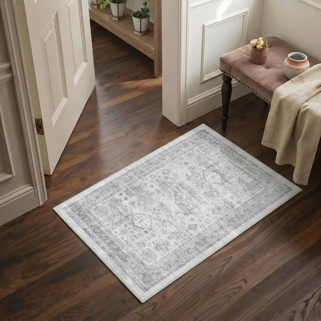 GENIMO 2x3 Entryway Rug, Vintage Faded Non Slip Machine Washable Door Mat, Soft Lightweight Floral Rugs for Entryway Entrance Bedside Front Door Laundry Room Bathroom, Grey