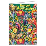 Carte Heureux Anniversaire Illustration Oiseaux Colorés Perruche Fleur Papillon avec Enveloppe Format 12x17,5cm Papier 300gr issu de forêts gérées durablement Brillant Fabriqué en France AFIE 69-8026