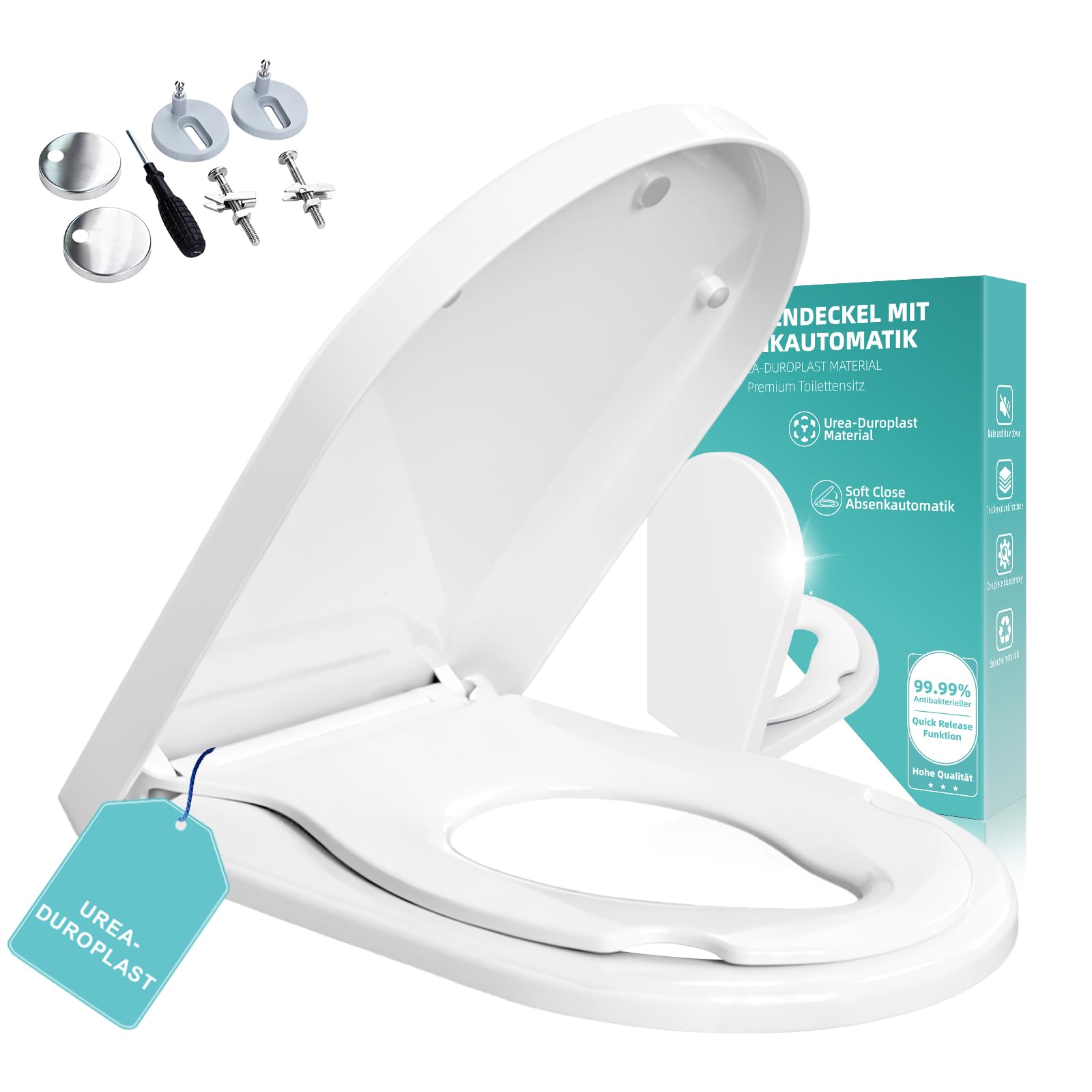 Tavoletta copriwater con abbassamento automatico, in Duroplast infrangibile, antibatterico e resistente ai raggi UV, forma a D, con sedile per bambini fino a 200 kg, colore: bianco