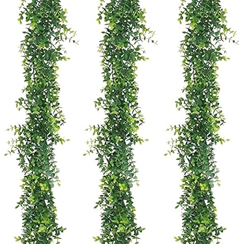 Artflower 3 Pack Artificial Eucalyptus Garland, 5.9Ft/pcs Faux Eucalyptus Vines Greenery Garland Fake Eucalyptus Plant Wedding Backdrop Arch Wall Table Party Festival Decor, Grey Green Cover