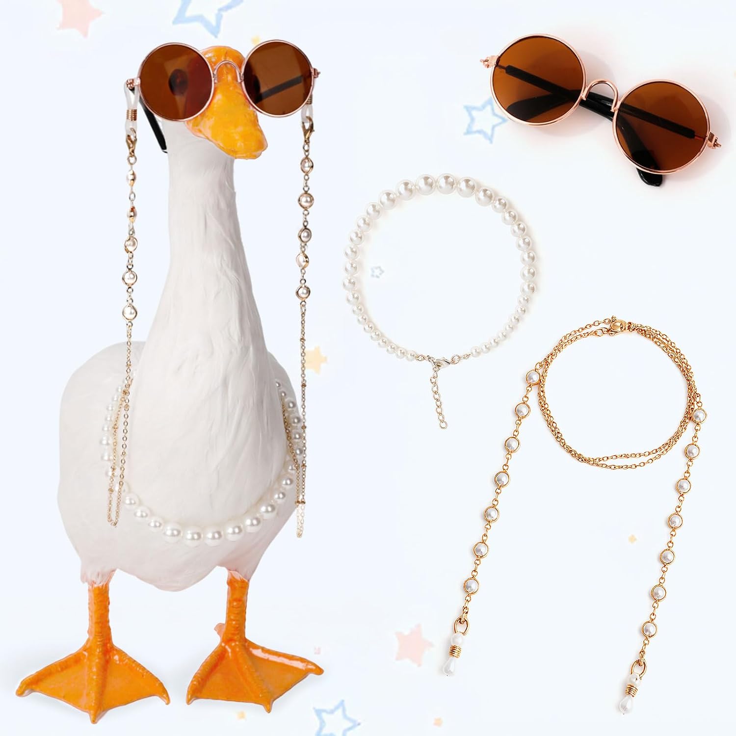 3Pcs Funny Porch Goose Outfit Decor - Lawn Goose Statue 23 Inch Garden Decorations with Pearl Necklace, Sunglasses & Eyeglass Chain - Ornament for Summer Outfit Outdoor （Not Including Geese）