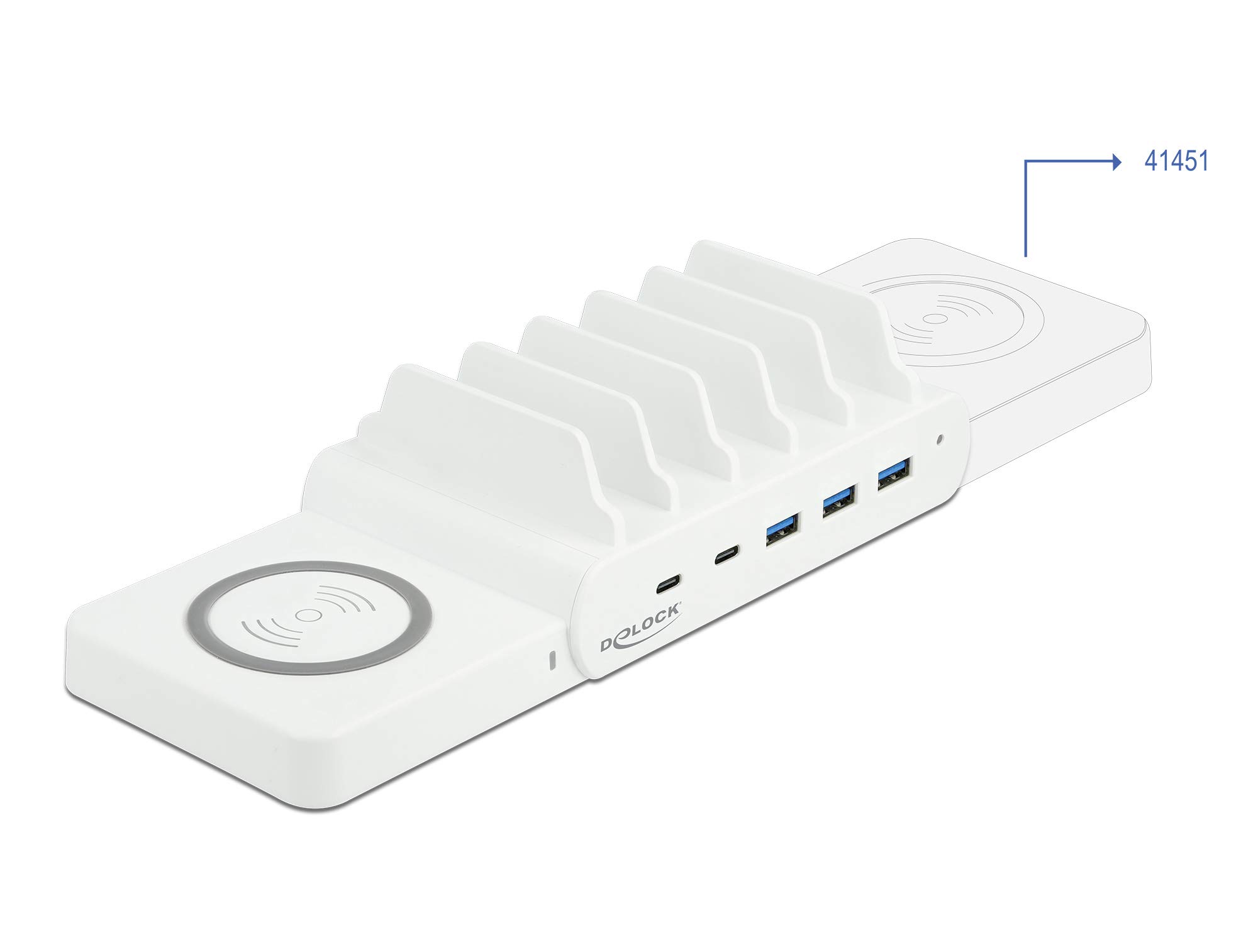 Delock Stazione di ricarica USB 6 in 1 con caricatore wireless, fino a 6 dispositivi contemporaneamente per laptop, smartphone e tablet, (2 USB-C PD + 3 USB A) da 110 W, 41450