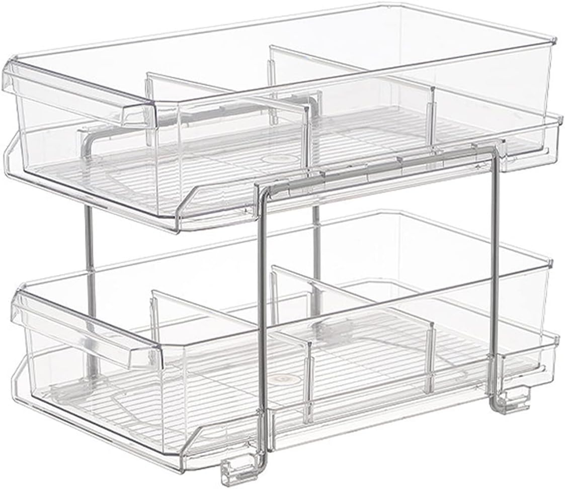 Multi-Purpose Clear Organizer with Dividers, 2 Tier Slide-Out Storage Container for Bathroom Vanity and Kitchens, Cabinet/Countertop Acrylic Drawers Medicine Bins