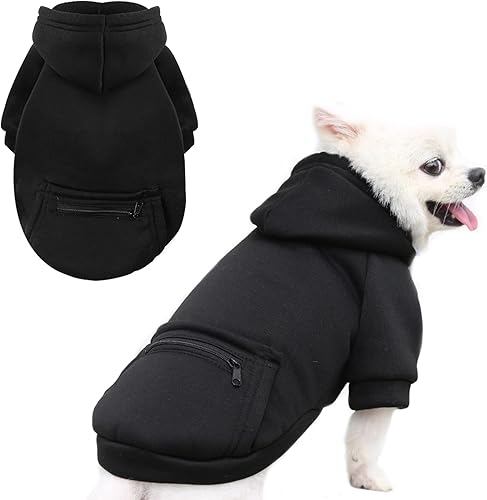 PETCARE Suéter con capucha para perros pequeños, sudaderas negras con capucha de forro polar suave con bolsillo, suéteres de otoño e invierno, ropa