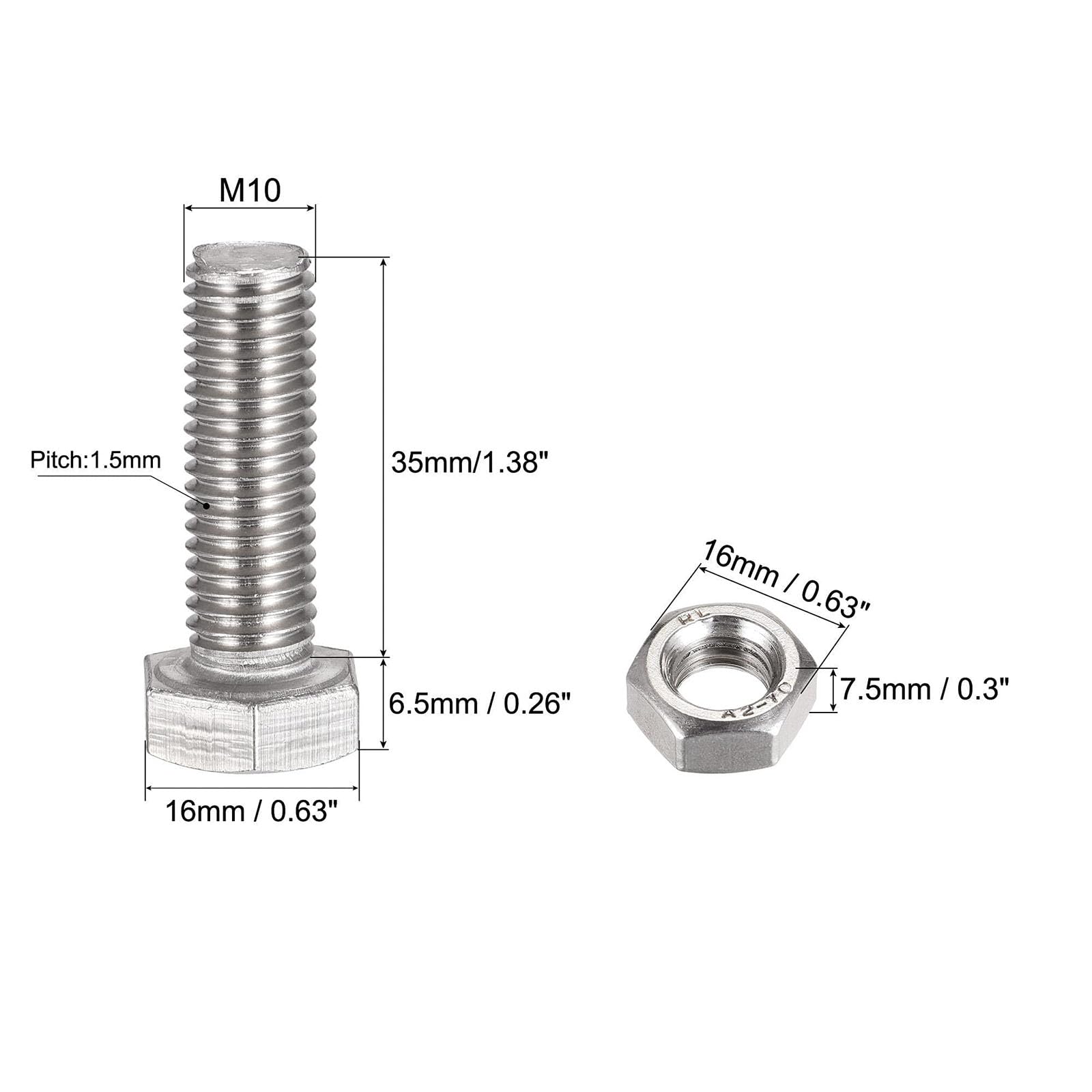 TOP-VIGOR 4Pcs M10 x 35mm Hex Head Screws Bolts, Nuts, Flat & Lock Washers Kits - Image 2