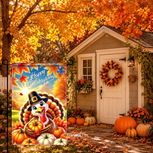 Image of BlissYard Happy Thanksgiving Garden Flag Cute Turkey Pumpkin 12x18 Inch | Double sided polyester, Happy Thanksgiving turkey design, cheerful harvest decor for porch and yard