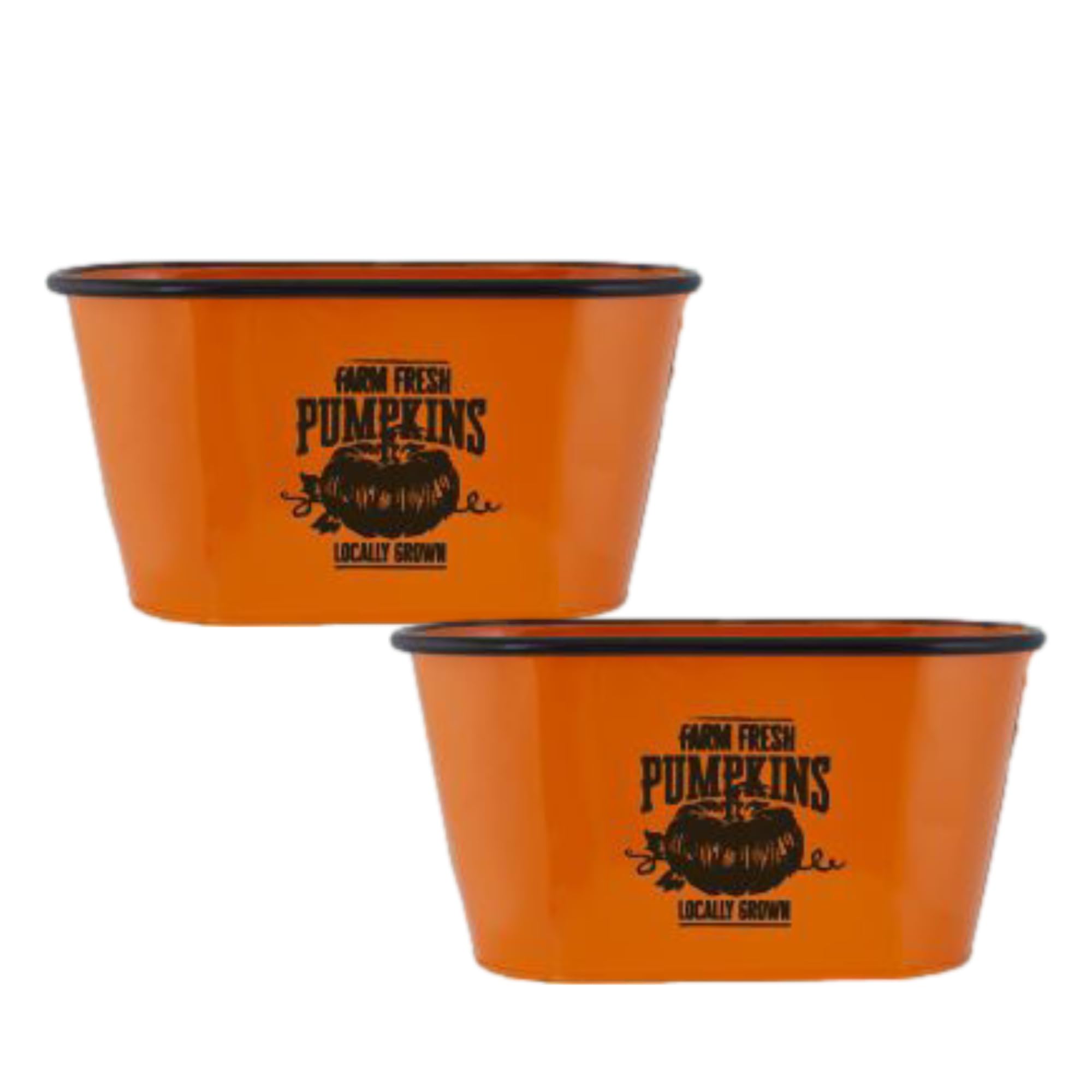 Fyne-Finds Orange & Black Set Of 2 Orange Tin Halloween Troughs Planters 30Cm, 12Inch Pumpkin Plant Pots Party Decor