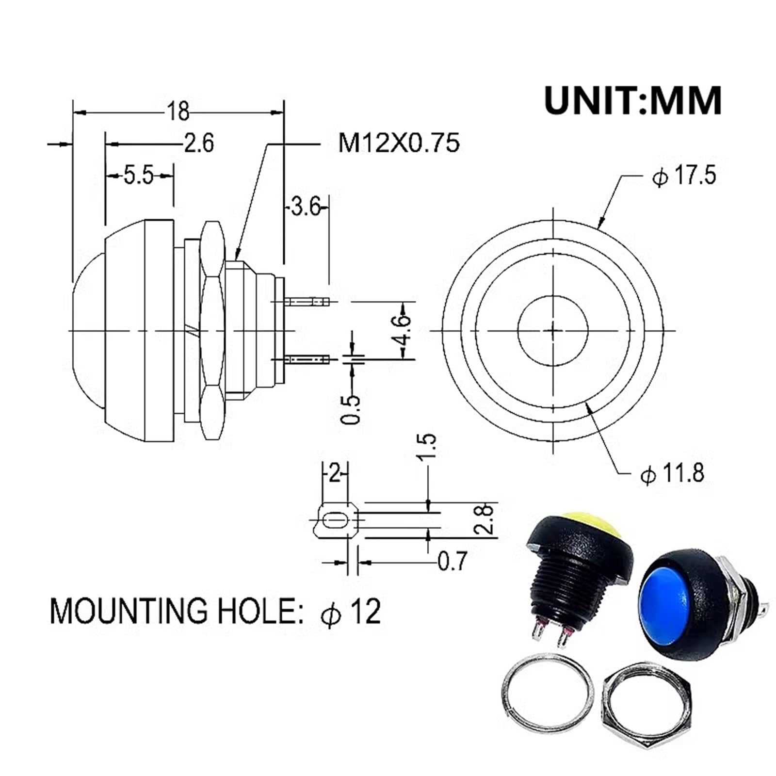 5/20/100 STÜCKE 12mm Momentary Push Button Switch PBS-33B Selbstrückstellender runder Schalter SPST NO 2Pin 1A DC12V