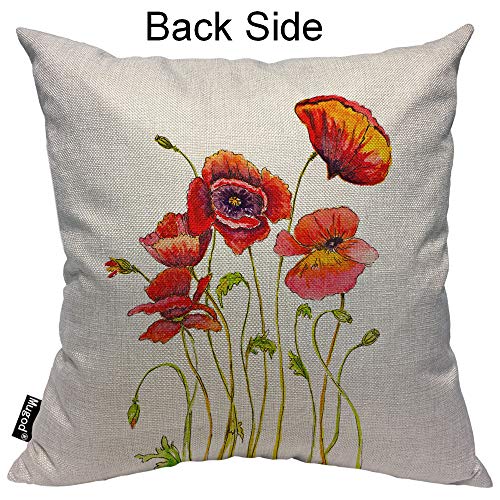 Mugod Poppies Pillow Cover Watercolor Poppy Flower Floral Stem Nature Orange Red Green Decorative Throw Pillow Cases Cotton Linen Indoor Square Cushion Covers 18X18 Inch For Home Sofa Couch #TOP1