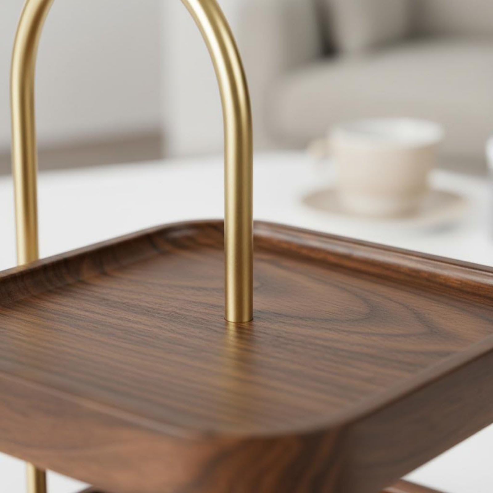 Amagogo Vassoio a Due Livelli Vassoio da Portata Alzata Dessert Stand Centrotavola in Legno Massello con Accenti in Ottone per Organizzare Gioielli Chiavi E, Faggio Tondo