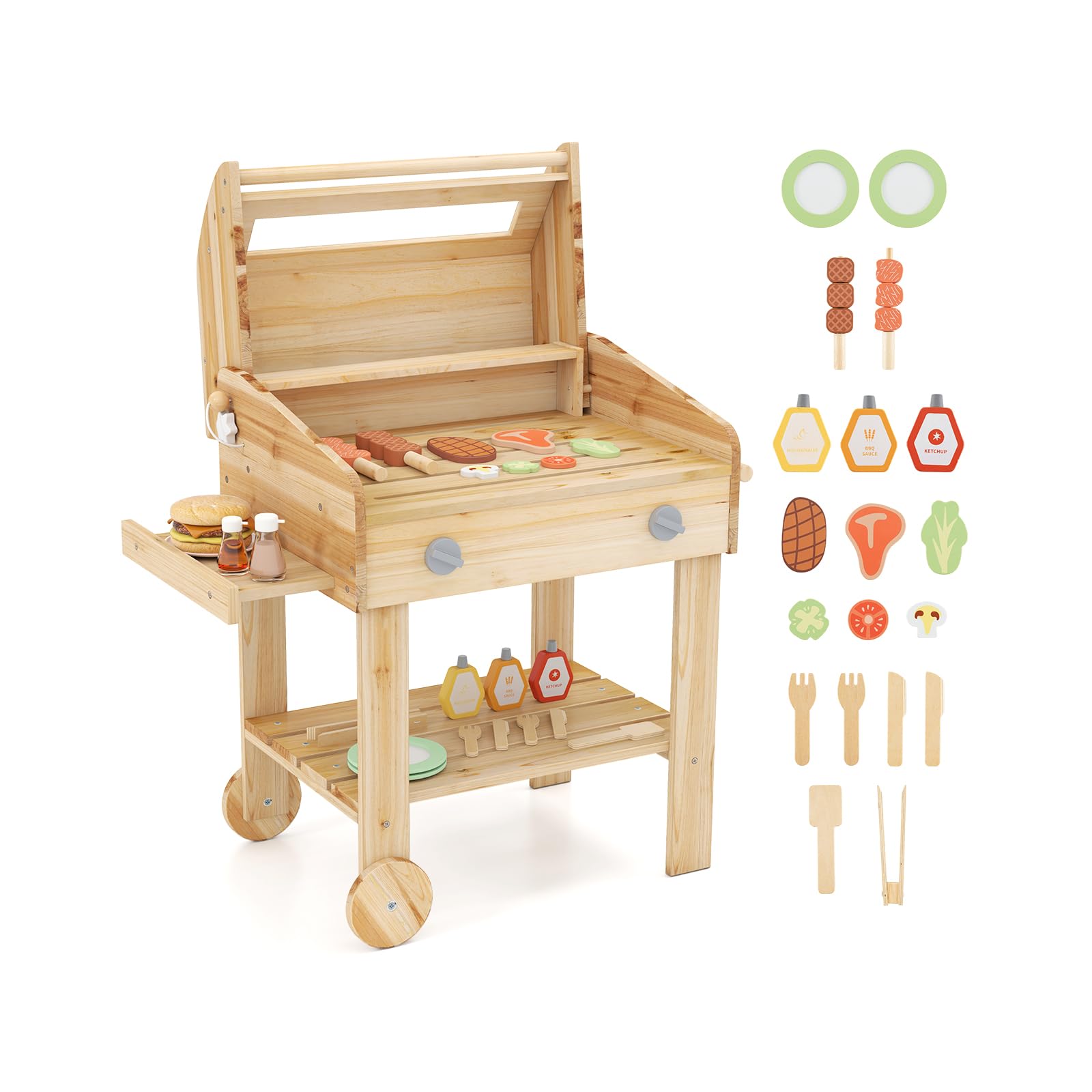 DREAMADE Kindergrill aus Holz, BBQ Grill Spielzeugset mit Grillwerkzeugen & Gewürzflaschen, Küchen-Rollenspielset mit 25 Zubehörteilen & Rädern, für Kinder ab 3 Jahren