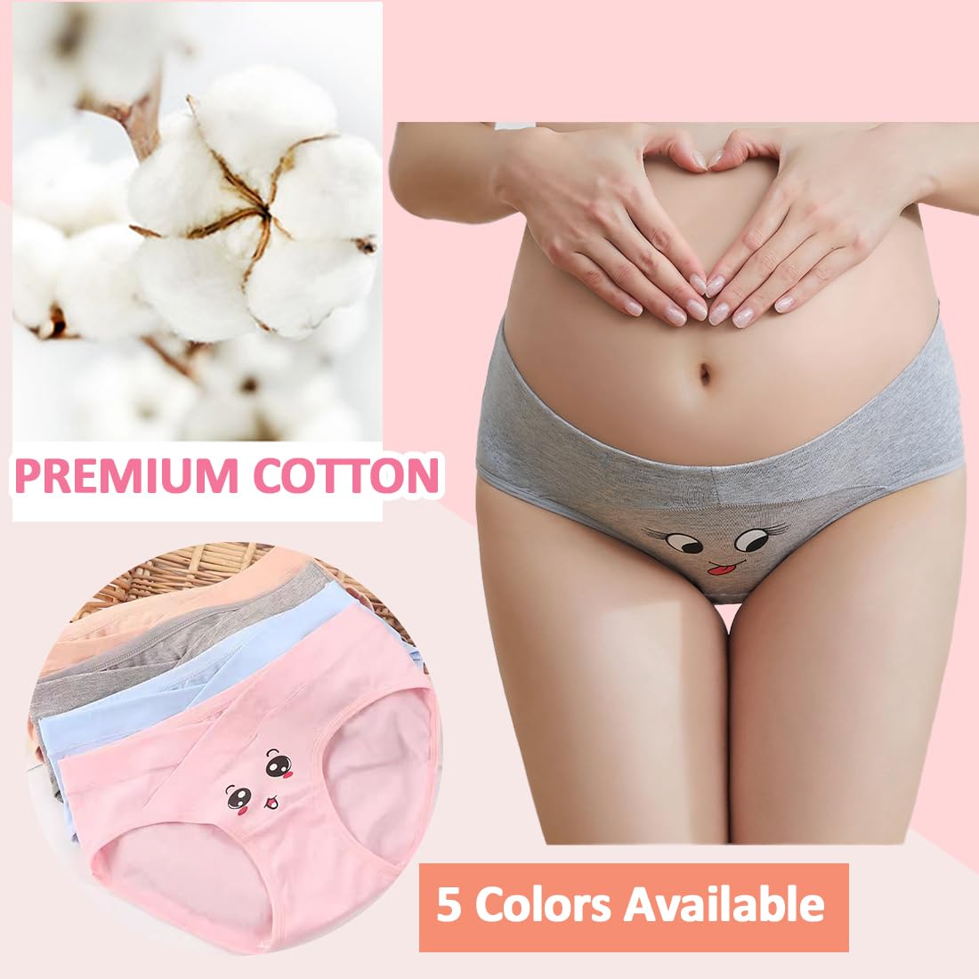 sous-Vêtements de Maternité pour Femmes Taille Basse en Forme de V Bikini Culotte de Grossesse en Coton Imprimé Sourire Culotte Extensible Respirante - Paquet de 5