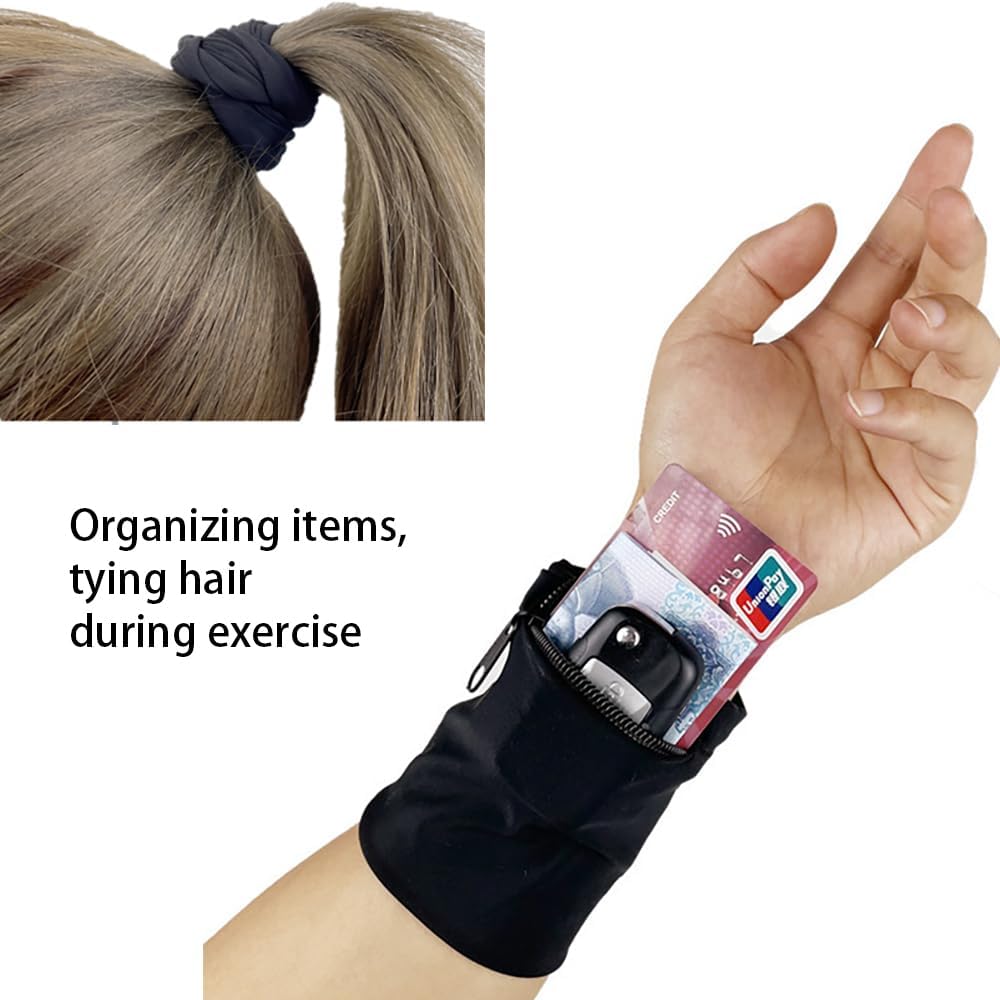 2 Pcs Black Elastic Wrist Sweat Bands with Zipper, Outdoor Sports Lightweight Wallet Wristband for Women Men Running, Hiking Workout, Small Storage Bags Fit Key Cards and Small Items - Image 4