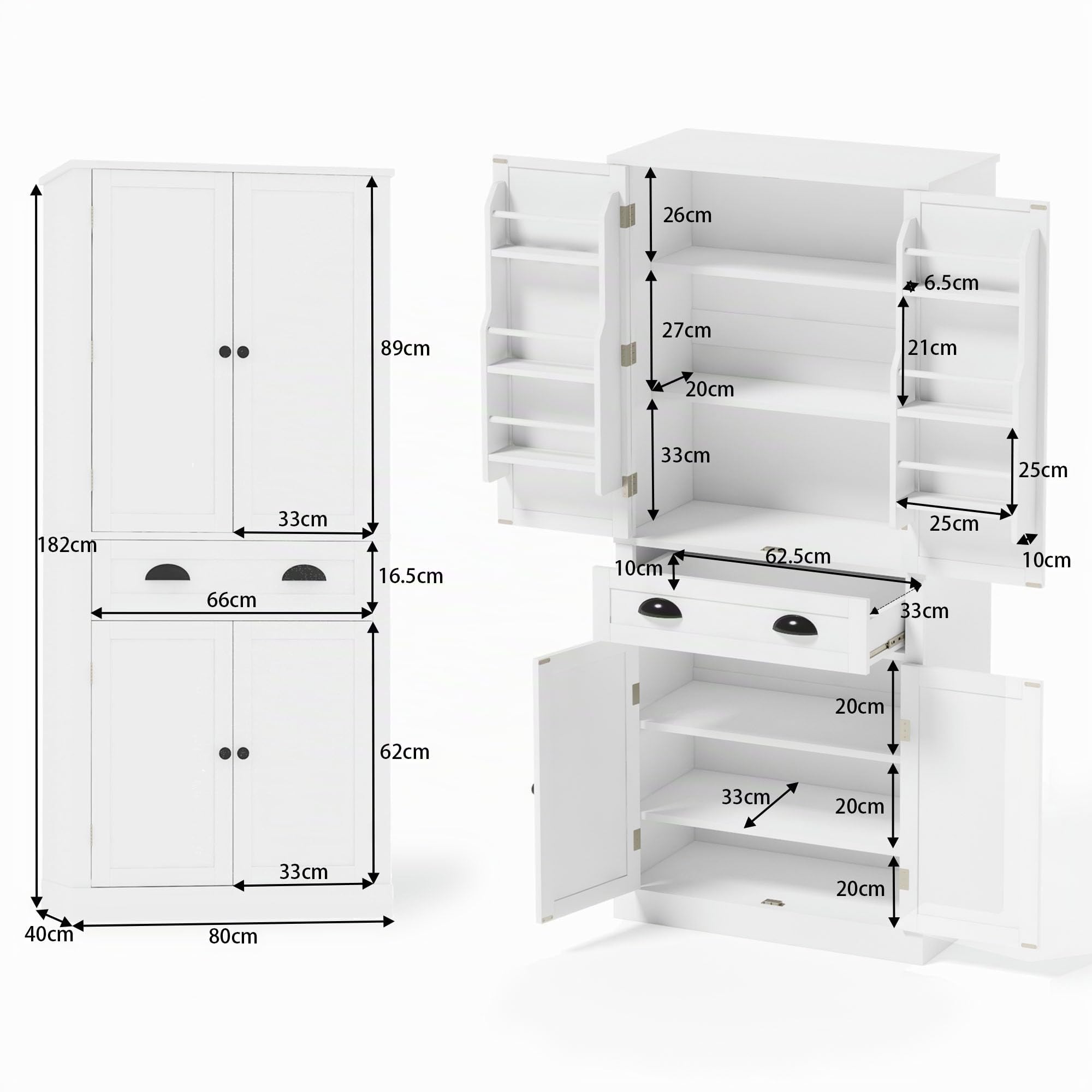 Küchenschrank mit 4 Türen und 1 Schublade, Mehrzweckschrank Hochschrank mit 6 Staufächer und 4 Verstellbare Ablageflächen, Buffetschrank Vorratsschrank, Küchenmöbel, Weiß, 80x40x182 cm