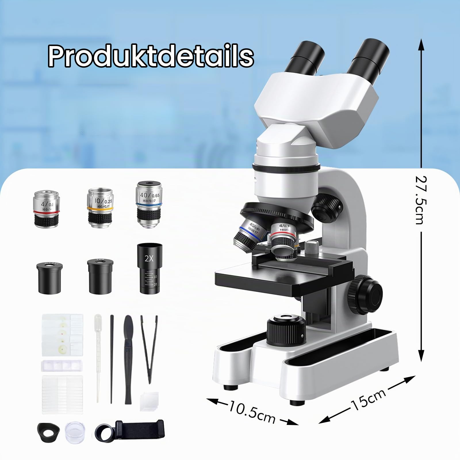 Binokular Mikroskop für Erwachsene, 40X-1600X Vergrößerung | mit dualer LED-Beleuchtung, Biologisches Bildungsmikroskop mit Vollständigem Starter Kit mit 25+ Zubehörteilen