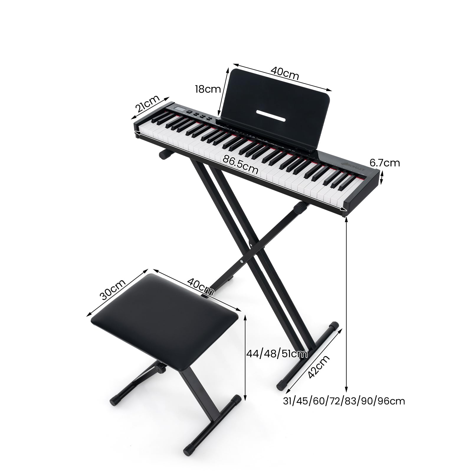 KOMFOTTEU Pianoforte Digitale 61 Tasti Semi-Ponderati, Tastiera Musicale con Supporto e Sgabello, Digial Piano con Tasti Semi-Pesati, Funzione Audio MIDI Wireless, Leggio, Pedale di Sustain e Borsa
