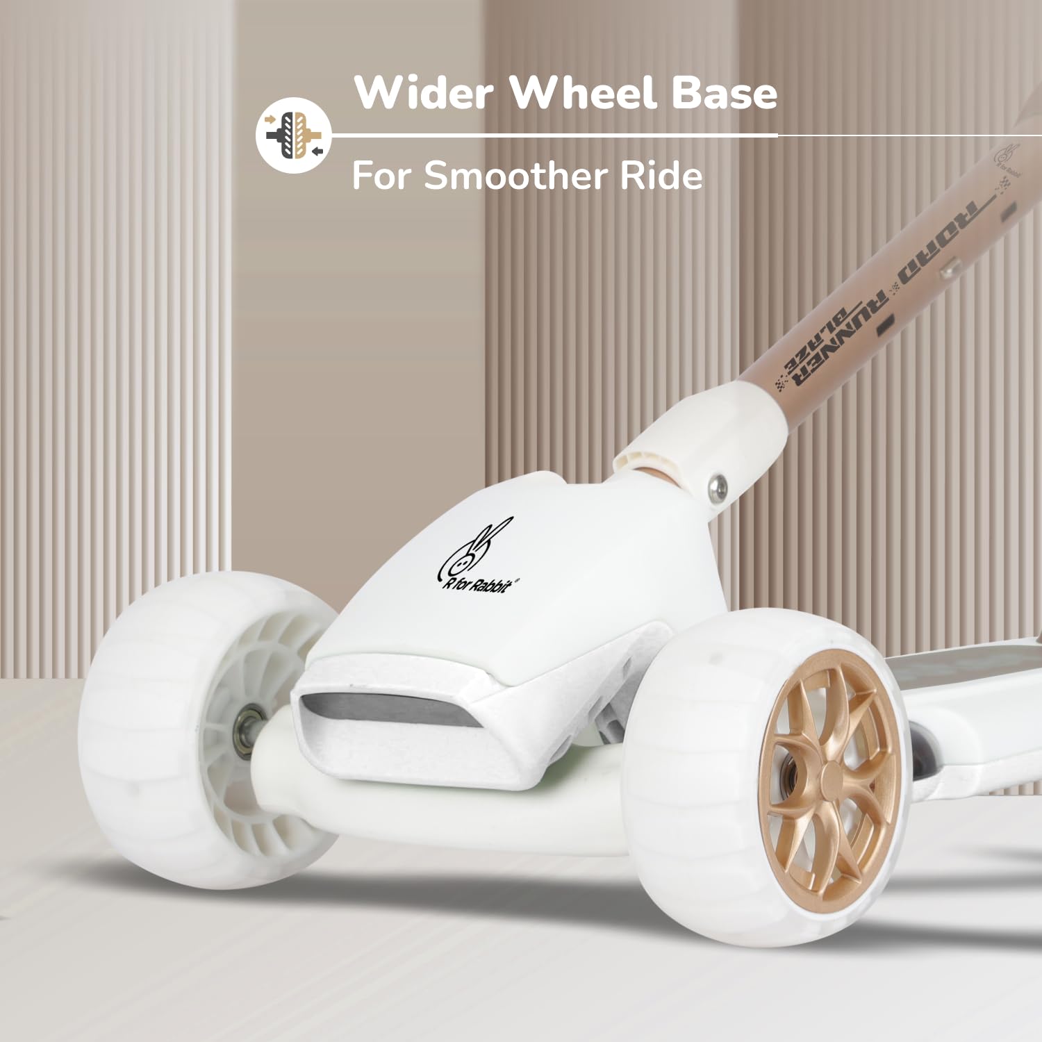 R for Rabbit Road Runner Blaze Foldable Kick Scooter for Kids with 4 Level Adjustable Height, PU LED Wheels, Lights and Music for 3+ Years Baby Boy & Girl of Upto 75kg Weight (Cream Gold) - Image 7 thumbnail