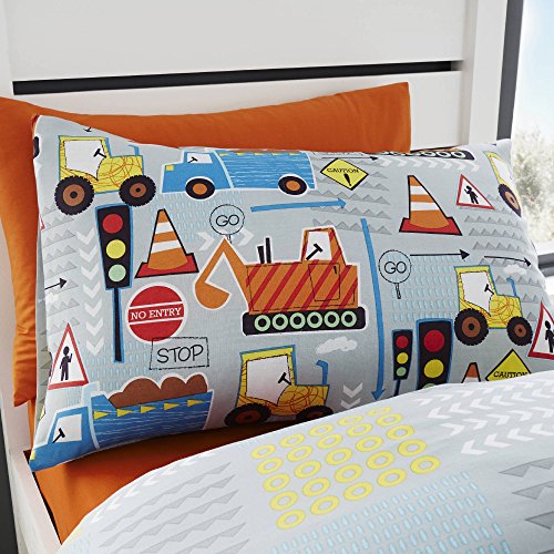 Happy Linen Company Kids Boys Big Digger Trucks Grey Single Reversible Duvet Cover Bedding Set