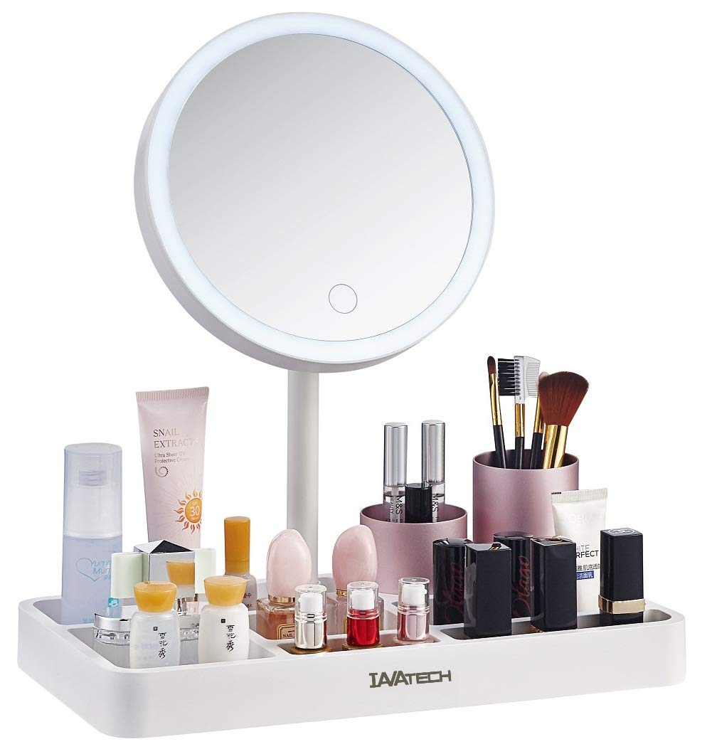 Makeup Mirror LED with Cosmetic Organiser, Vanity Dressing Table Mirror with Eye Protection Lights, Illuminated Tabletops Cosmetic Mirror, HD Screen and Touch-Dimmer Switch Control