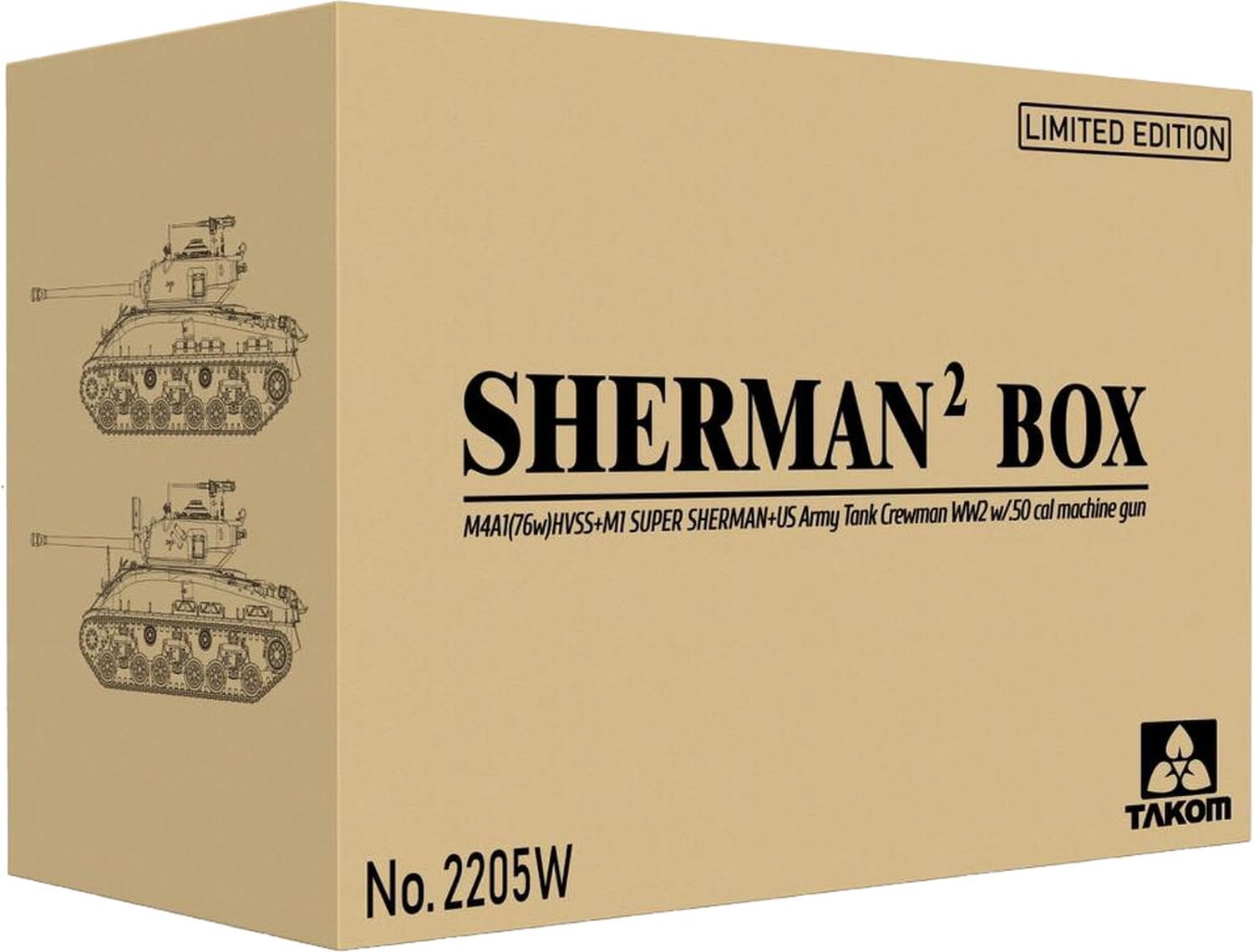 Takom 2205W 1:35th scale Sherman² Box M4A1(76w)HVSS + M1 Super Sherman + Figure