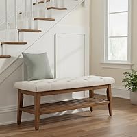 HUIMO Upholstered Entryway Shoe Bench with Storage Shelf - Button-Tufted Padded Ottoman for Bedroom, Living Room, Beige