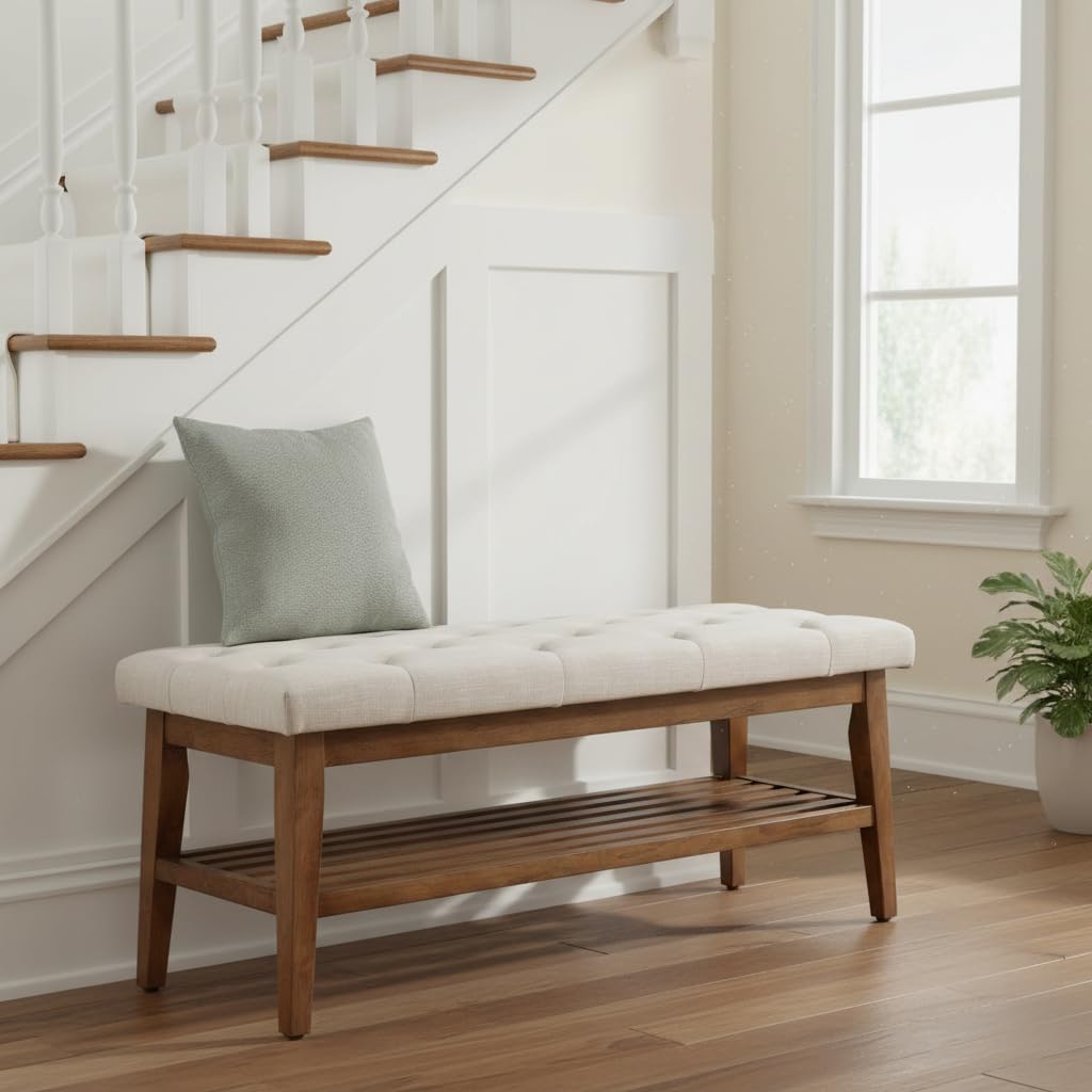 HUIMO Entryway Shoe Bench, End of Bed Bench,Upholstered Button-Tufted Bench for Kitchen, Fabric Ottoman Bench for Living Room, Padded Bench with Solid