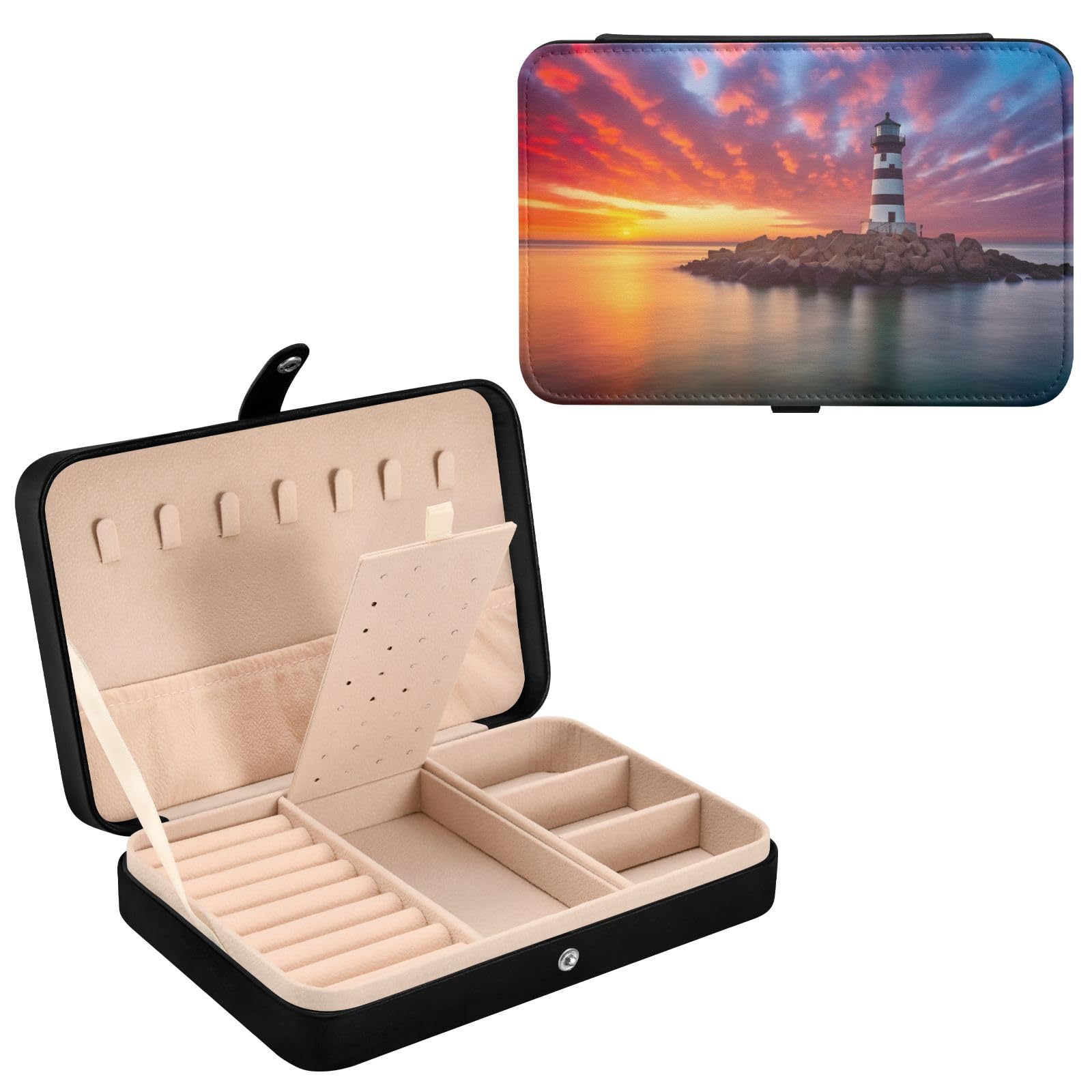 Haskirky Lighthouse Jewelry Box Portable PU Leather Travel Jewelry Organize for Women Jewelry Storage Display Holder for Ring, Necklace, Earring