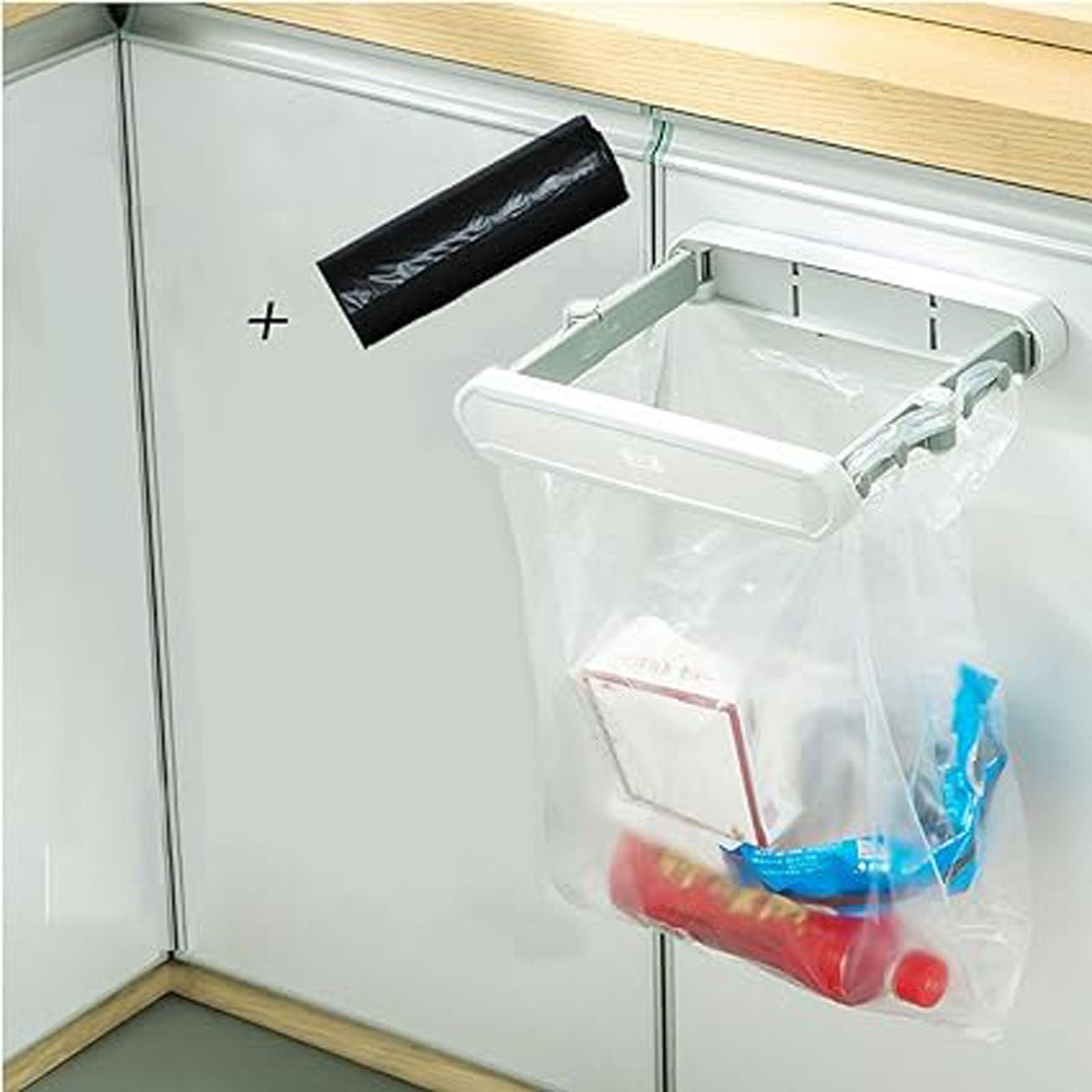 ALMEKAQUZ Foldable Hanging Trash Bag Holder, One Button to Fold Garbage Bag Holder with A Roll of Garbage Bag, Over the Cabinet Trash Can Wall Mounted Garbage Bag Holder (White)