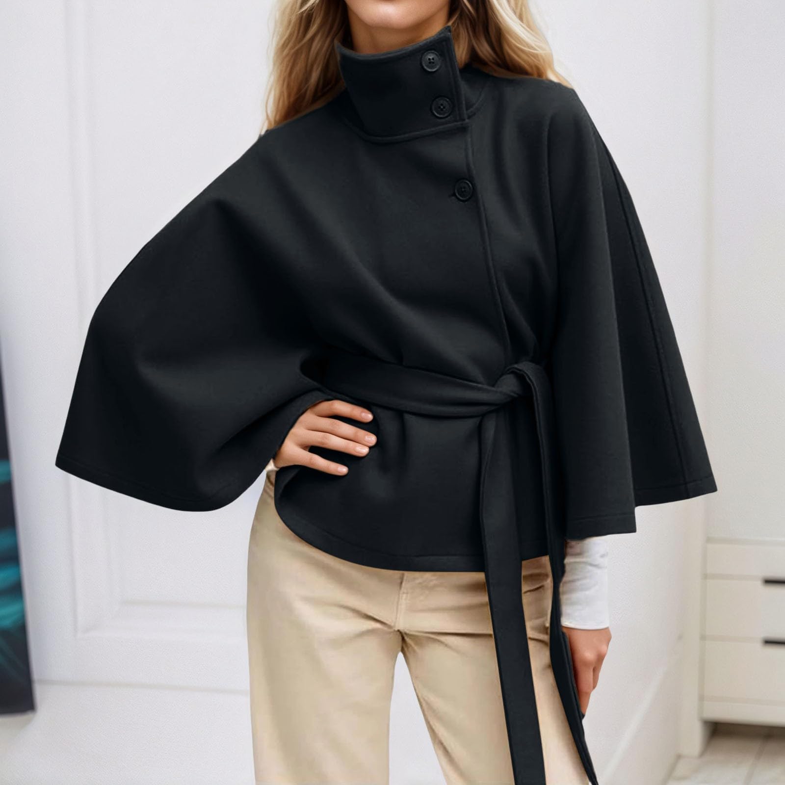 Générique Ponchos à Manches Chauve Souris Pour Femmes Manteau En Laine Col Montant Ceinture Cape Veste D'hiver Courte Long Chic Blouson Printemps éTé Et Elegant Mi Saison Brune Blazer