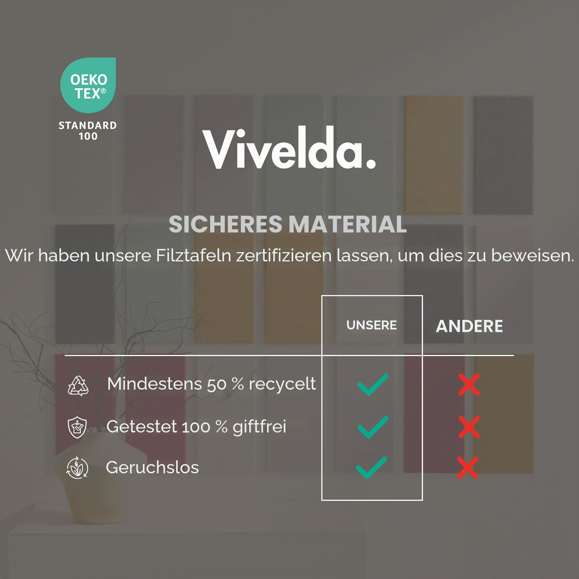 VIVELDA Große Korktafeln für Wände, schwarze Filzalternative – Lamellen-Wandverkleidungen, Pinnwandfliesen für Heimdekoration, Pinnwand-Organizer für Büro oder Klassenzimmer, 12er-Pack (Palme)