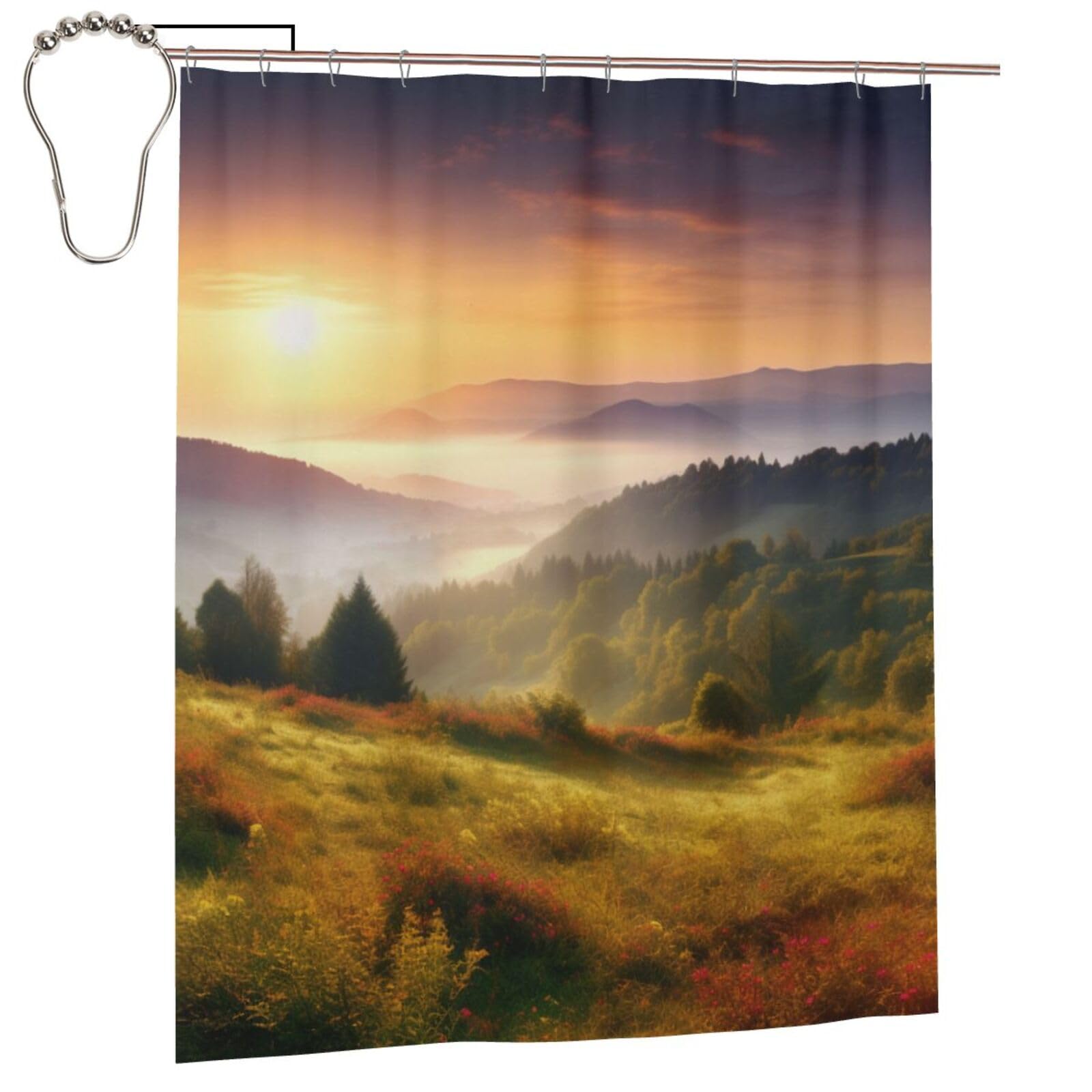 BWWHCCTI Sunrise Nature Scenery Printed Shower Curtain With 12 Iron Hooks Opaque Quick Drying Waterproof Shower Curtains Sets For Bathroom 152x183 Cm