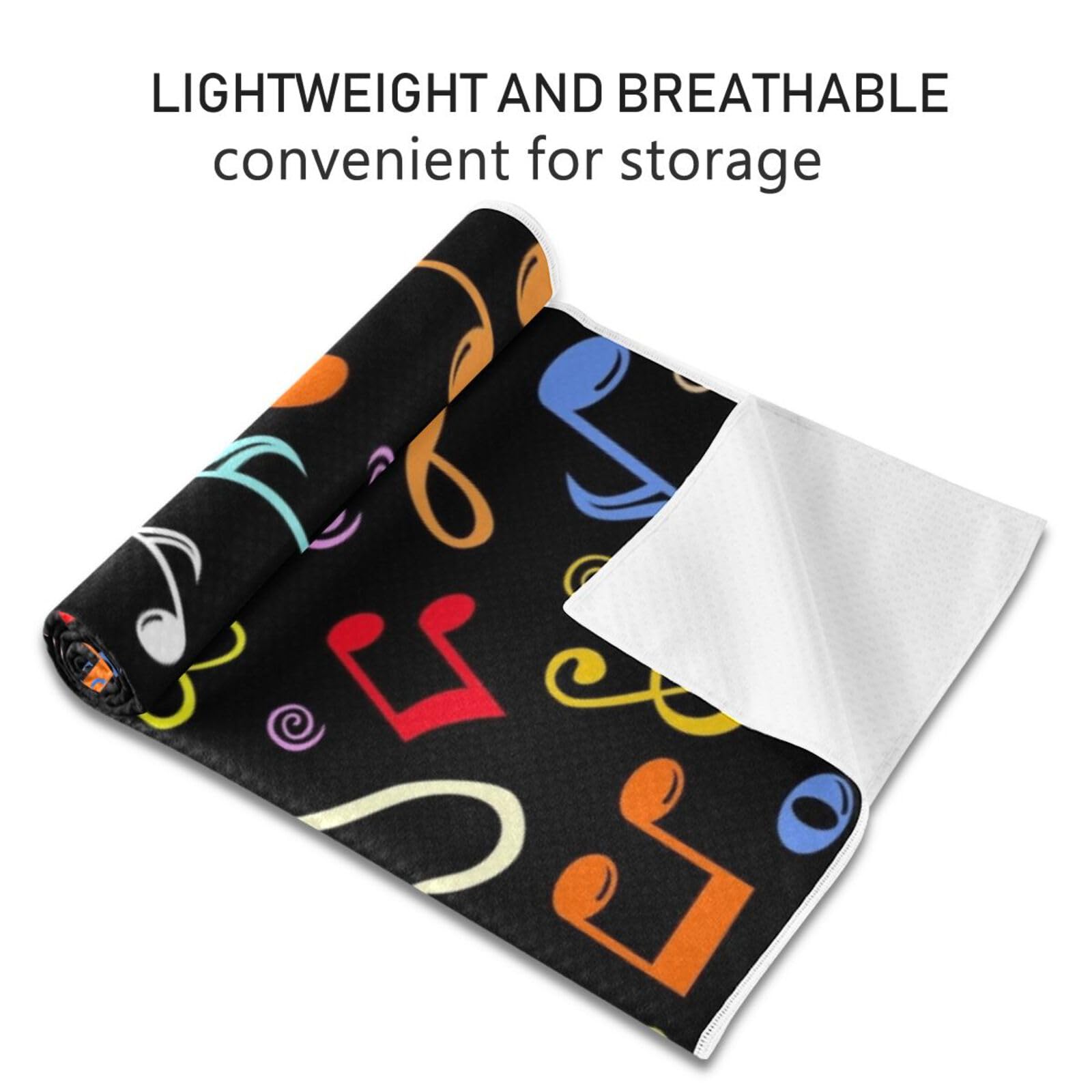 Fygkptb Seamless Colorful Musical Notes on Black Dark Yoga Towel Non Slip Yoga Mat Cloth Foldable Yoga Towel Sweat Absorbent Yoga Towel with Storage Mesh Bag 73 x 27 inch