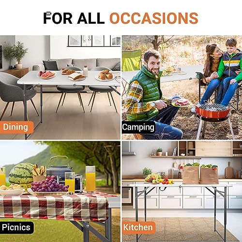 Image of Byliable Folding Table 4 Foot, Portable Plastic Card Heavy Duty Fold-in-Half Small Foldable Table, Indoor Outdoor Adjustable Height Folding with Carrying Handle for Picnic, Camping, Party, White