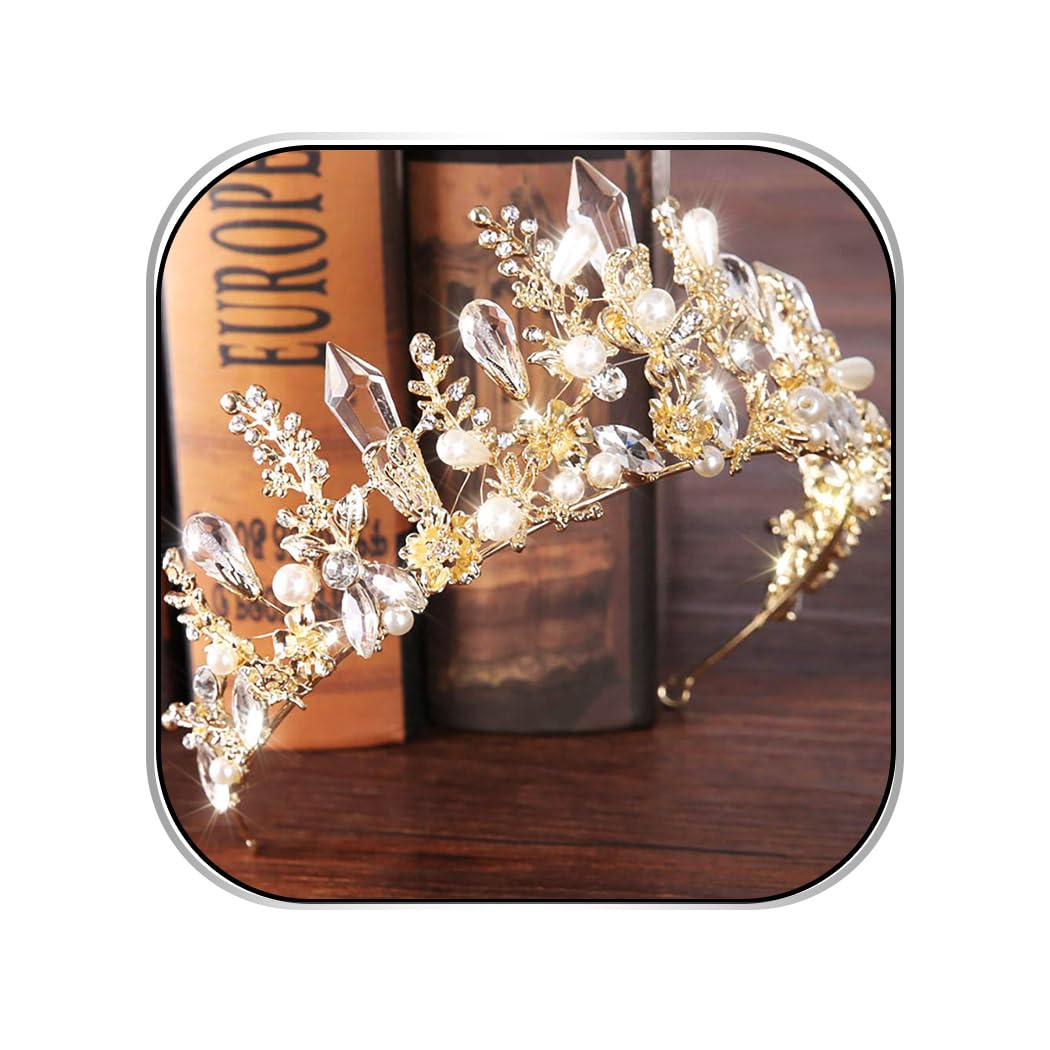 Baroque Crowns and Tiaras Gold Crystal Wedding Queen Crowns Bride Pearl Rhinestone Princess Crown for Women and Girls
