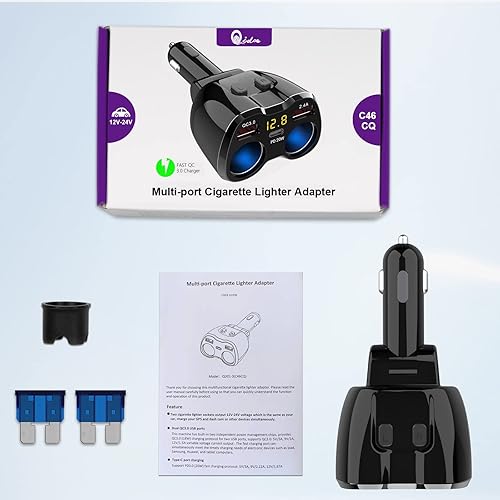 Miniatura 8 de Qidoe - Divisor de encendedor de cigarrillos, 2 enchufes, adaptador de encendedor de cigarrillos de 150 W, cargador de coche USB C de 20 W, cargador