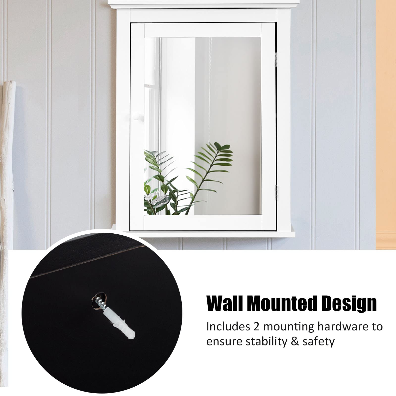 LIFEZEAL Armario con Espejo para Baño, Armario de Pared de Madera, Armario de Pared con Espejo, Organizador con Espejo para Baño con Estante Ajustable en Altura, 56 x 15 x 70 cm (Blanco)