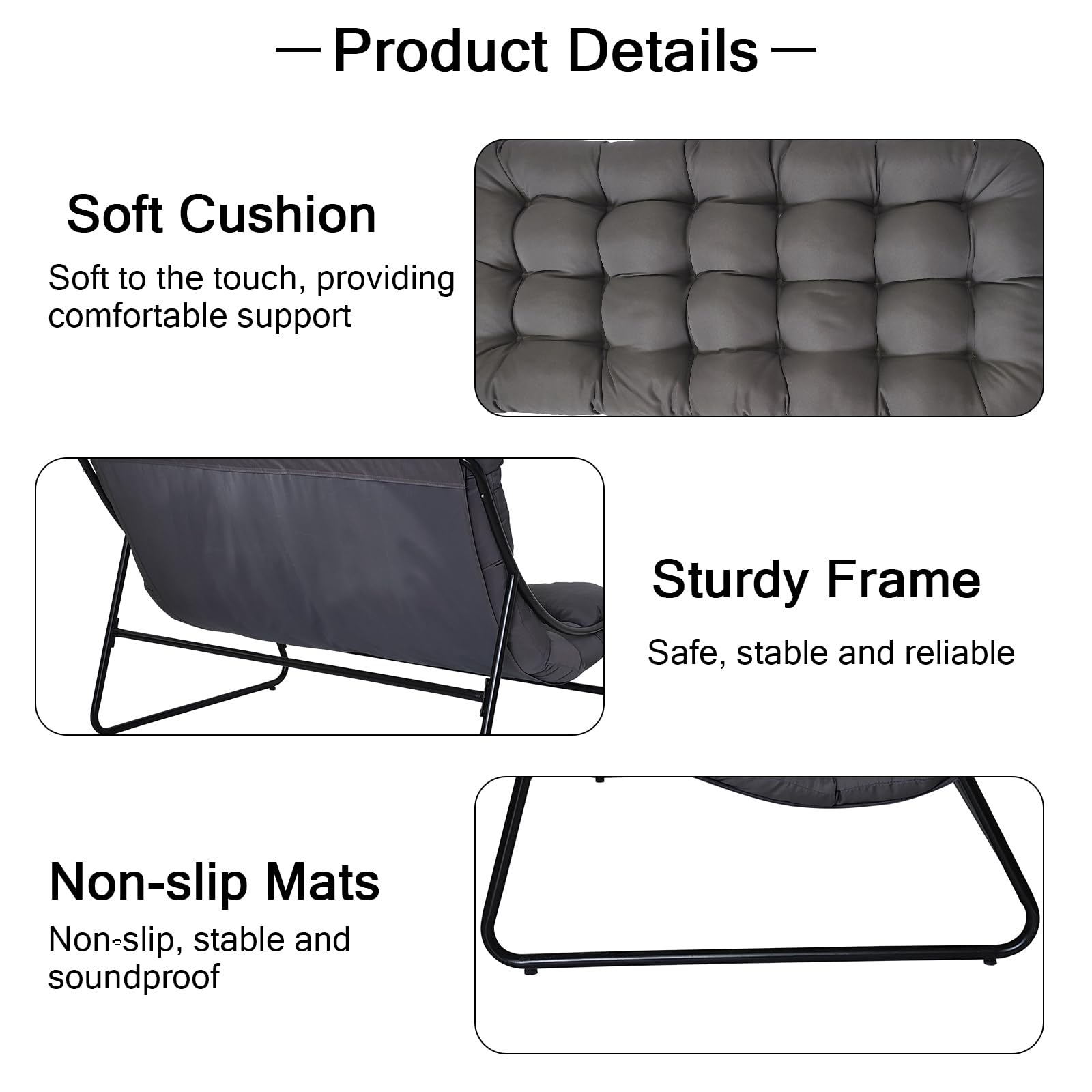 Sillón de salón para exteriores, sillón doble para exteriores, con cojín de 8 cm extraíble, tumbona de jardín para 2 personas, sillón de relax para jardín, terraza (negro/con 2 taburetes)