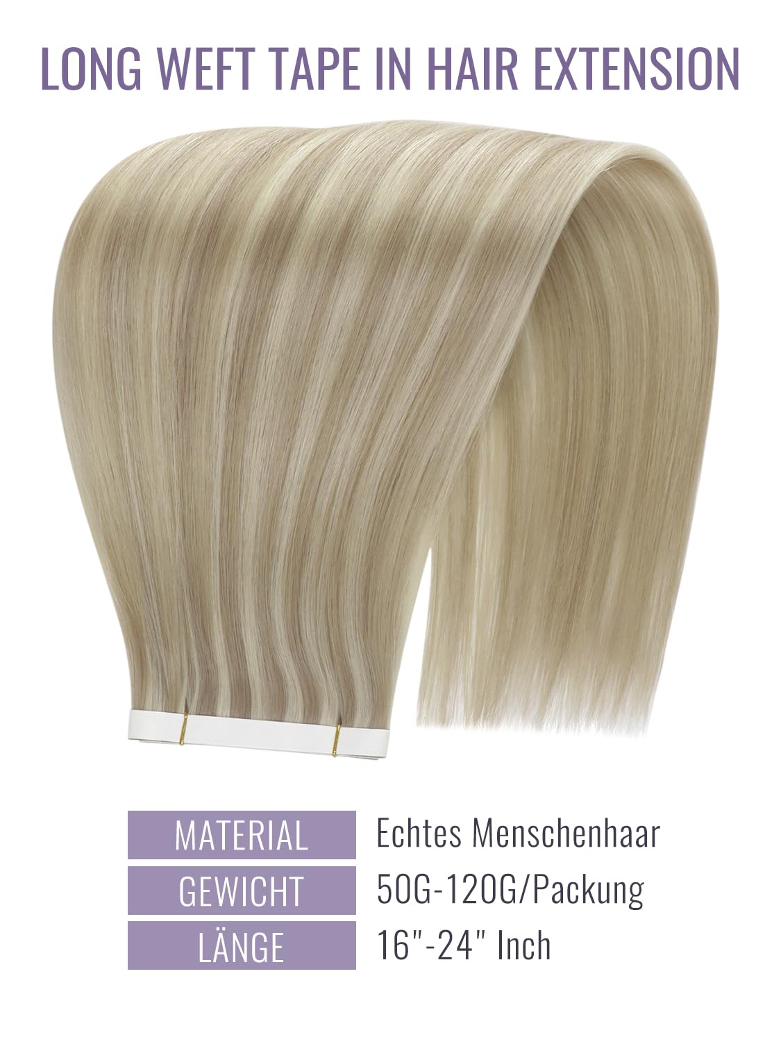 Fshine Tape Extensions Echthaar Dunkelaschblond gesträhnt 50 cm 120 g | Tape Tressen Echthaar, anpassbare Struktur, natürliche Ansatzoptik, zusätzliches Volumen, einfache Befestigung