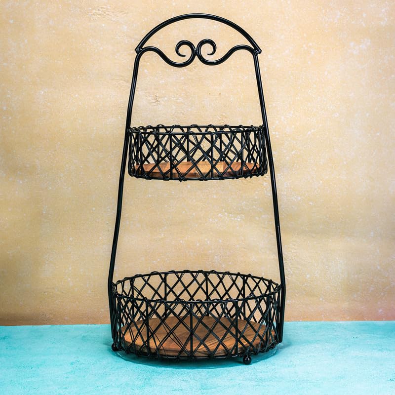 Image of Orbit Multipurpose 2-Tier Storage Basket | Acacia Wood & Iron Handles | Wooden Storage Organizer | Kitchen, Living Room, Bathroom & Home Decor | Natural Finish