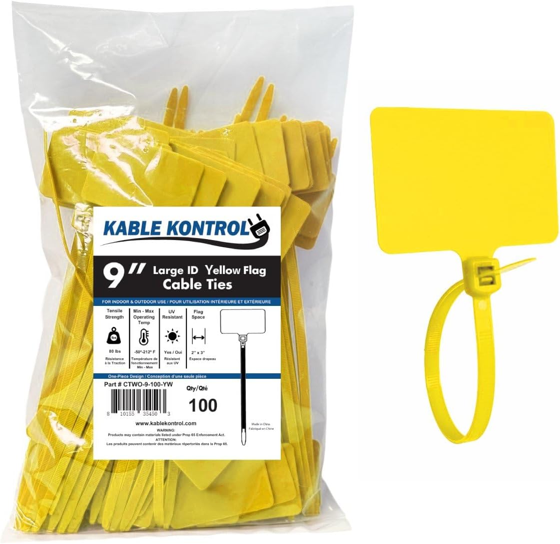 Kable Kontrol Cable Marker Zip Ties, 9 Inch 100 Pcs Large ID Flag Label Straps, Self-Locking Write on Tags for Ethernet, Power, and Cord Labeling - Yellow