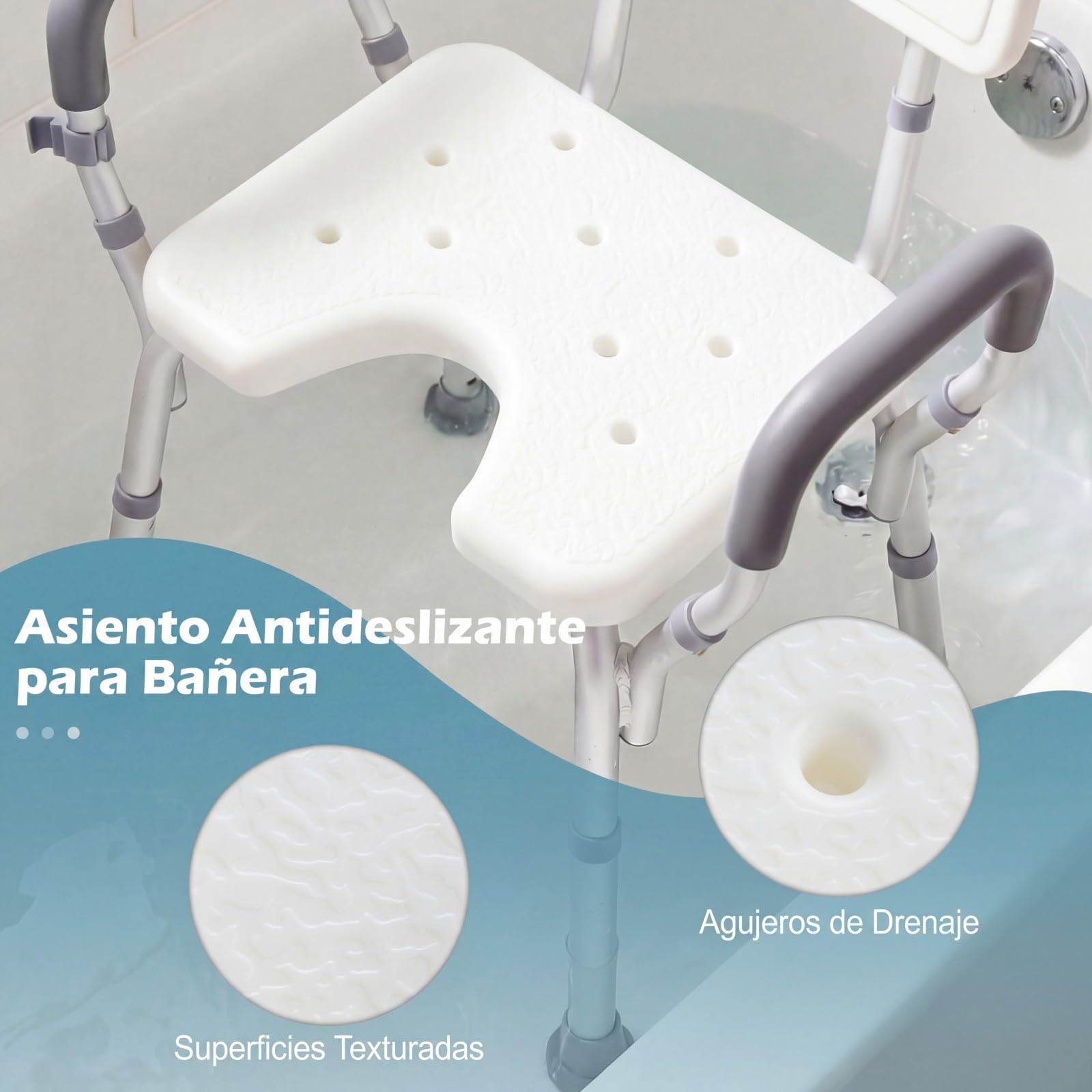 COSTWAY Silla para Ducha para Mayores, Silla de Baño con Altura Ajustable en 6 Niveles, Asiento Antideslizante, Respaldo Curvo y Apoyabrazos Acolchados, Taburete de Ducha con Marco de Aluminio