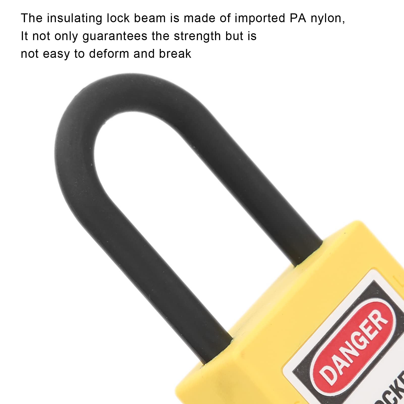Przemysłowe rozwiązanie zabezpieczające ZenithAur, 10 sztuk różnych kłódek Lockout Tagout z kluczem, każde z szeklą 38 mm i nylonowym korpusem blokady zabezpieczającej (Yellow)
