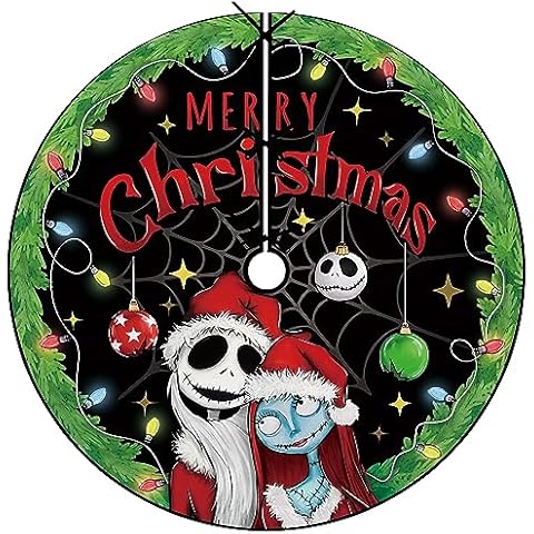 Fzbali Merry Christmas Night. mare BE Fore. Xmas Tree Skirt 48 Inches Lace-up Jack and Sally Artificial Black Green Tree Skirt, Funny Holiday Party Indoor Decoration Home Decor Cover