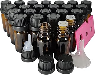 Bioll 10ml (1/3 oz) Essential Oil Dropper Glass Bottle. Refillable Sample Bottles Vials With Orifice Reducer Dropper And Cap For Perfume And Aromatherapy Oils -24Pack (Amber)